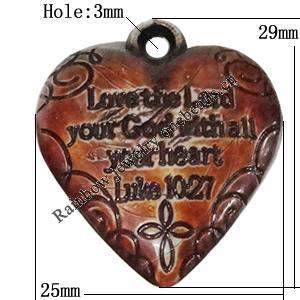 Imitation Wood Acrylic Pendants, Heart 29x25mm Hole:3mm, Sold by Bag