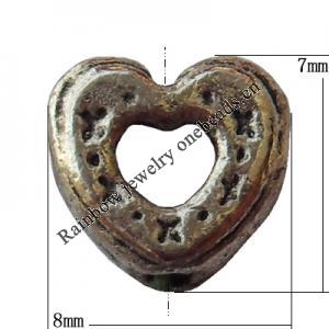 Bead Zinc Alloy Jewelry Findings Lead-free, Hollow Heart 8x7mm Hole:1mm, Sold by Bag