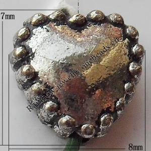Bead Zinc Alloy Jewelry Findings Lead-free, Heart 8x7mm Hole:1mm, Sold by Bag