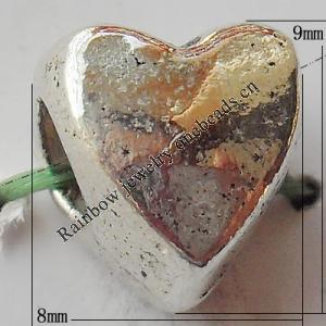 Bead Zinc Alloy Jewelry Findings Lead-free, Heart 8x9mm Hole:3.5mm, Sold by Bag