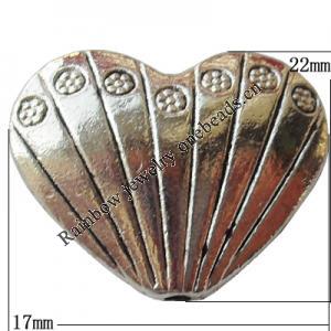 Bead Zinc Alloy Jewelry Findings Lead-free, Heart 22x17mm Hole:1.5mm, Sold by Bag