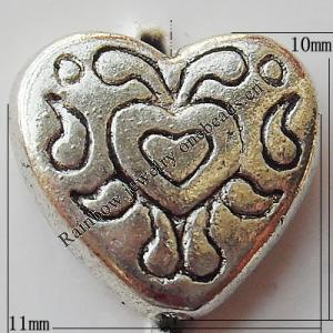 Bead Zinc Alloy Jewelry Findings Lead-free, Heart 11x10mm Hole:1mm, Sold by Bag