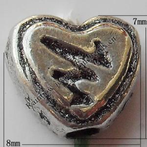 Bead Zinc Alloy Jewelry Findings Lead-free, Heart 8x7mm Hole:1.5mm, Sold by Bag