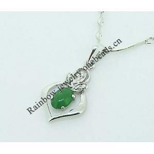 Sterling Silver Pendant/Charm,  platina plating with Jade, 20x11mm, Sold by PC