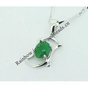 Sterling Silver Pendant/Charm,  platina plating with Jade, 18x10mm, Sold by PC 