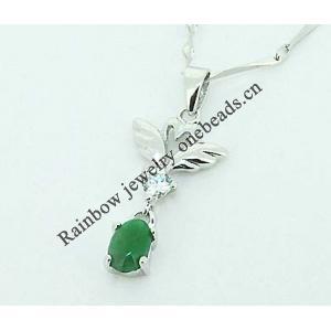 Sterling Silver Pendant/Charm,  platina plating with Jade, 27x12mm, Sold by PC