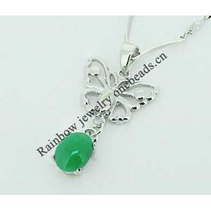 Sterling Silver Pendant/Charm,  platina plating with Jade, 26x14mm, Sold by PC