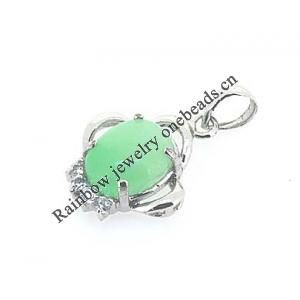Sterling Silver Pendant/Charm,  platina plating with Jade, 17x10mm, Sold by PC