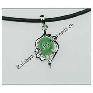 Sterling Silver Pendant/Charm,  platina plating with Jade, 28x11mm, Sold by PC