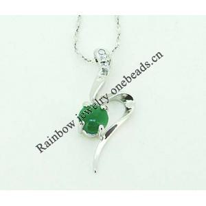 Sterling Silver Pendant/Charm,  platina plating with Jade, 23x9.5mm, Sold by PC