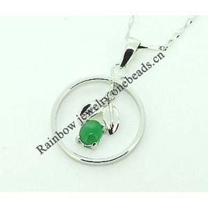 Sterling Silver Pendant/Charm,  platina plating with Jade, 28x19mm, Sold by PC