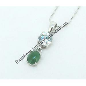 Sterling Silver Pendant/Charm,  platina plating with Jade, 22x6mm, Sold by PC