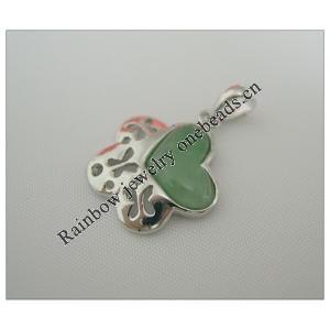 Sterling Silver Pendant/Charm,  platina plating with Jade, 22x15.5mm, Sold by PC