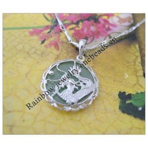 Sterling Silver Pendant/Charm,  platina plating with Jade, 24x18mm, Sold by PC