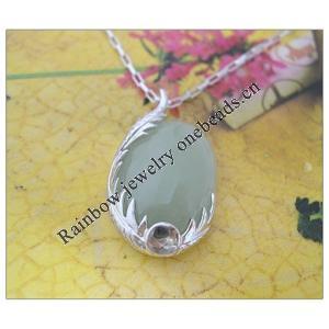 Sterling Silver Pendant/Charm,  platina plating with Jade, 28x17mm, Sold by PC