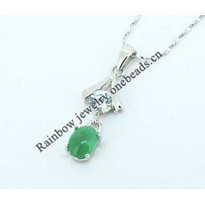 Sterling Silver Pendant/Charm,  platina plating with Jade, 26.6x9mm, Sold by PC