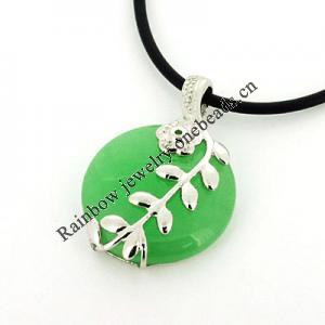 Sterling Silver Pendant/Charm,  platina plating with Jade, 27x19mm, Sold by PC