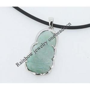 Sterling Silver Pendant/Charm,  platina plating with Jade, 36x15.5mm, Sold by PC