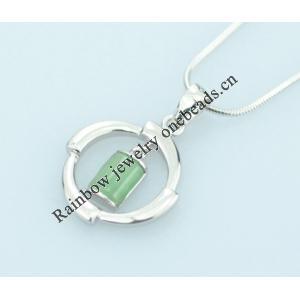 Sterling Silver Pendant/Charm,  platina plating with Jade, 24x15mm, Sold by PC