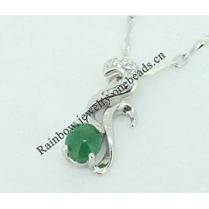 Sterling Silver Pendant/Charm,  platina plating with Jade, 16x19.5mm, Sold by PC