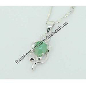 Sterling Silver Pendant/Charm,  platina plating with Jade, 19x8.5mm, Sold by PC