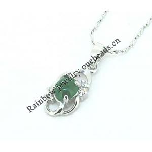 Sterling Silver Pendant/Charm,  platina plating with Jade, 17x7.5mm, Sold by PC