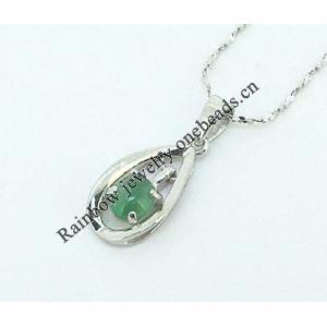 Sterling Silver Pendant/Charm,  platina plating with Jade, 19x8mm, Sold by PC