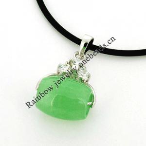 Sterling Silver Pendant/Charm,  platina plating with Jade, 25x15mm, Sold by PC