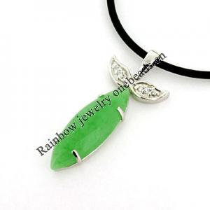 Sterling Silver Pendant/Charm,  platina plating with Jade, 32x14mm, Sold by PC