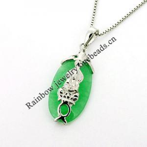 Sterling Silver Pendant/Charm,  platina plating with Jade, 29x12mm, Sold by PC