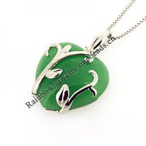 Sterling Silver Pendant/Charm,  platina plating with Jade, Heart 28x20mm, Sold by PC