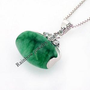 Sterling Silver Pendant/Charm,  platina plating with Jade, 22x15.5mm, Sold by PC