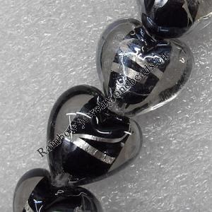 Silver Foil Lampwork Beads, Heart 14mm Hole: About 1.5mm, Sold by PC