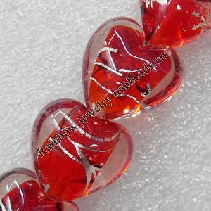 Silver Foil Lampwork Beads, Heart 12mm Hole: About:1.5mm, Sold by PC