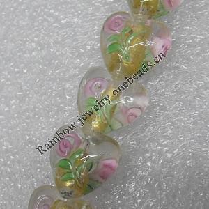 Gold Foil Lampwork Beads, Heart 15mm Hole: About 1.5mm, Sold by PC