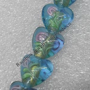 Gold Foil Lampwork Beads, Heart 15mm Hole: About 1.5mm, Sold by PC