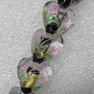 Gold Foil Lampwork Beads, Heart 15mm Hole: About 1.5mm, Sold by PC