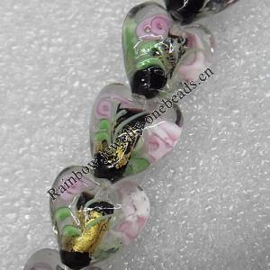 Gold Foil Lampwork Beads, Heart 16mm Hole: About 1.5mm, Sold by PC