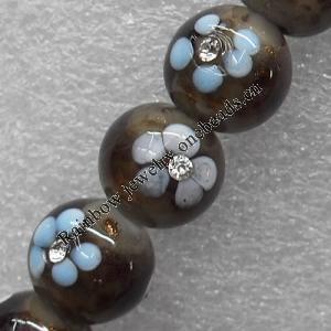 Gold Sand Lampwork Beadswith Acrylic Zircon, Round 16mm Hole: About 1.5mm, Sold by PC