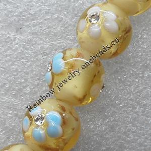 Gold Sand Lampwork Beads with Acrylic Zircon, Round 16mm Hole: About 1.5mm, Sold by PC