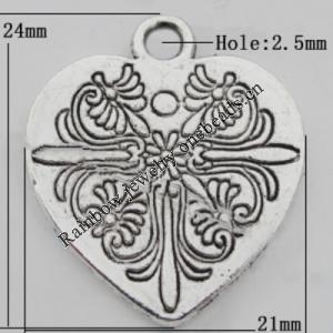 Pendant Zinc Alloy Jewelry Findings Lead-free, Heart 21x24mm Hole:2.5mm, Sold by Bag