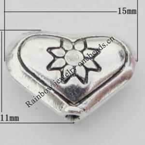 Bead Zinc Alloy Jewelry Findings Lead-free, Heart 15x11mm, Hole:1mm, Sold by Bag