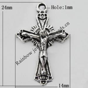 Pendant Zinc Alloy Jewelry Findings Lead-free, Cross 24x14mm Hole:1mm, Sold by Bag