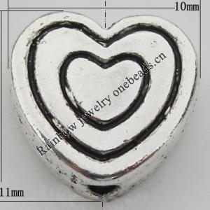 Bead Zinc Alloy Jewelry Findings Lead-free, Heart 11x10mm, Hole:1mm, Sold by Bag