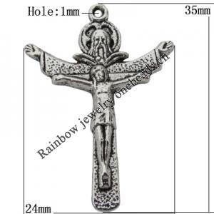 Pendant Zinc Alloy Jewelry Findings Lead-free, Cross 24x35mm Hole:1mm, Sold by Bag