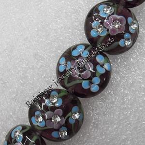 Lampwork Beads with Acrylic Zircon, Flat Round 20mm Hole: About 2mm, Sold by PC