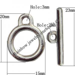 Clasp Zinc Alloy Jewelry Findings Lead-free, Loop:15x20mm, Bar:23x3mm Big Hole:3mm Small Hole:2mm, Sold by Bag