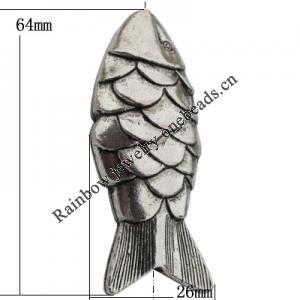 Bead Zinc Alloy Jewelry Findings Lead-free, Fish 64x26x15mm, Hole:3mm, Sold by Bag