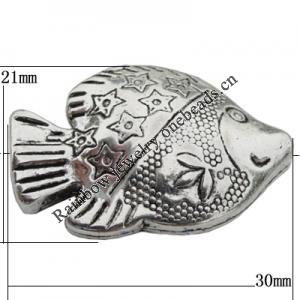 Bead Zinc Alloy Jewelry Findings Lead-free, Fish 21x30x8mm, Hole:2mm, Sold by Bag