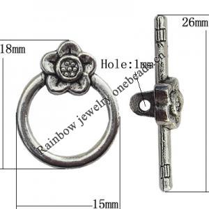 Clasp Zinc Alloy Jewelry Findings Lead-free, Loop:15x18mm, Bar:26x8mm Hole:1mm, Sold by Bag